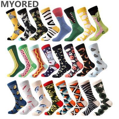 MYORED 1 pair men socks combed cotton cartoon animal bird shark zebra corn watermelon sea food geometric novelty funny socks