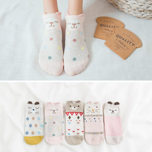 5Pairs New Arrivl Women Cotton Socks Pink Cute Cat Ankle Socks Short  Socks Casual Animal Ear Red Heart Gril Socks 35-40