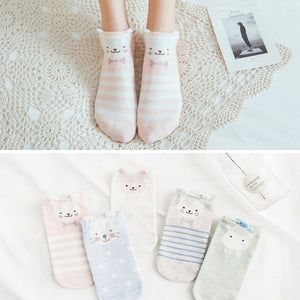 5Pairs New Arrivl Women Cotton Socks Pink Cute Cat Ankle Socks Short  Socks Casual Animal Ear Red Heart Gril Socks 35-40