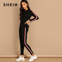Load image into Gallery viewer, SHEIN Streetwear Black Striped Tape Tee Pants Long Sleeve Round Neck Set Women Two Pieces Sets 2019 Autumn Plain Twopiece