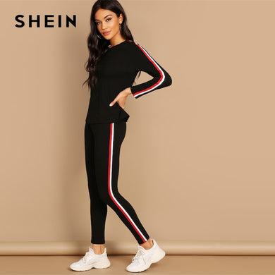 SHEIN Streetwear Black Striped Tape Tee Pants Long Sleeve Round Neck Set Women Two Pieces Sets 2019 Autumn Plain Twopiece