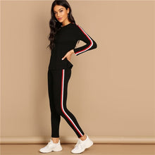 Load image into Gallery viewer, SHEIN Streetwear Black Striped Tape Tee Pants Long Sleeve Round Neck Set Women Two Pieces Sets 2019 Autumn Plain Twopiece