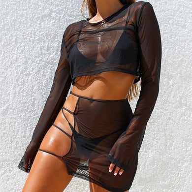 BKLD Sexy Sheer Mesh Club 2 Two Pieces Sets Women 2019 Summer Outfits See Through Long Sleeve Crop Tops+Bodycon Party Mini Skirt