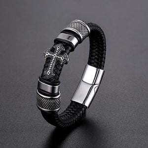 LKO Classical Multi-layer Handmade Leather Chain Weaved Man Bracelets Fashion New Magnet Clasp 316L Stainless Steel Wristband