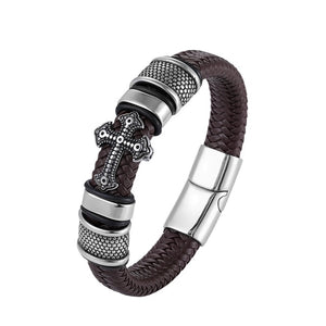 LKO Classical Multi-layer Handmade Leather Chain Weaved Man Bracelets Fashion New Magnet Clasp 316L Stainless Steel Wristband