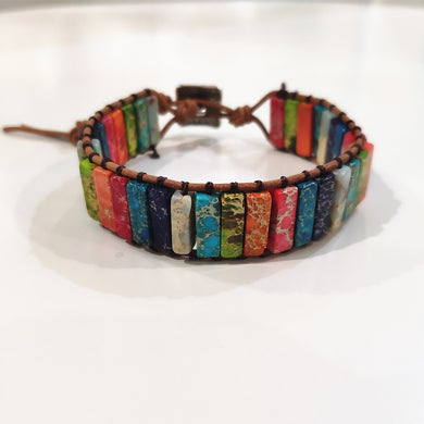 Natural Stone Handmade Multi Color Chakra Bracelet Jewelry Tube Beads Leather Wrap Bracelet Creative Gifts Couples Bracelets