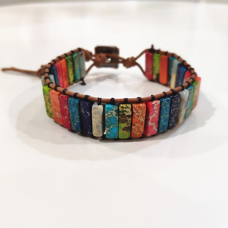 Natural Stone Handmade Multi Color Chakra Bracelet Jewelry Tube Beads Leather Wrap Bracelet Creative Gifts Couples Bracelets