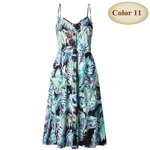 New Boho Off-shoulder Party Beach Sundress Spaghetti Long Dresses Plus Size Summer Women Button Decorated Print Dress CRRIFLZ