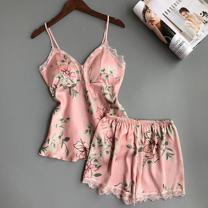 Spaghetti Strap  Printing  Lace Sexy Women Pajamas V-Neck With Pad Female Summer Pajama Set Summer Fashion Female Sleepwear