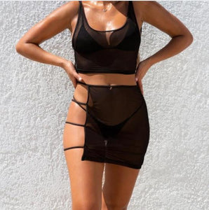 BKLD Sexy Sheer Mesh Club 2 Two Pieces Sets Women 2019 Summer Outfits See Through Long Sleeve Crop Tops+Bodycon Party Mini Skirt