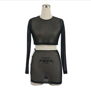 BKLD Sexy Sheer Mesh Club 2 Two Pieces Sets Women 2019 Summer Outfits See Through Long Sleeve Crop Tops+Bodycon Party Mini Skirt