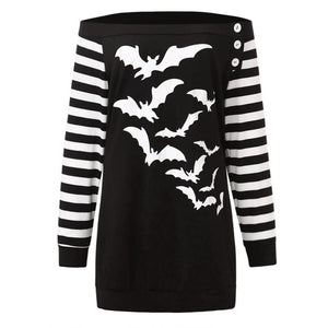 Women Cold Shoulder T-Shirt Bat Print with Slash neck Collar